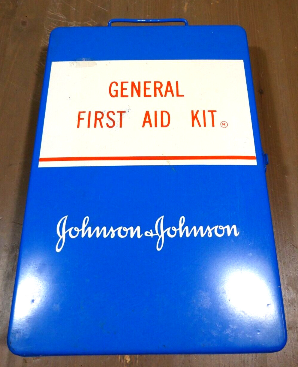 Vintage Johnson & Johnson Wall Mount Blue General First Aid Kit Complete W Guide