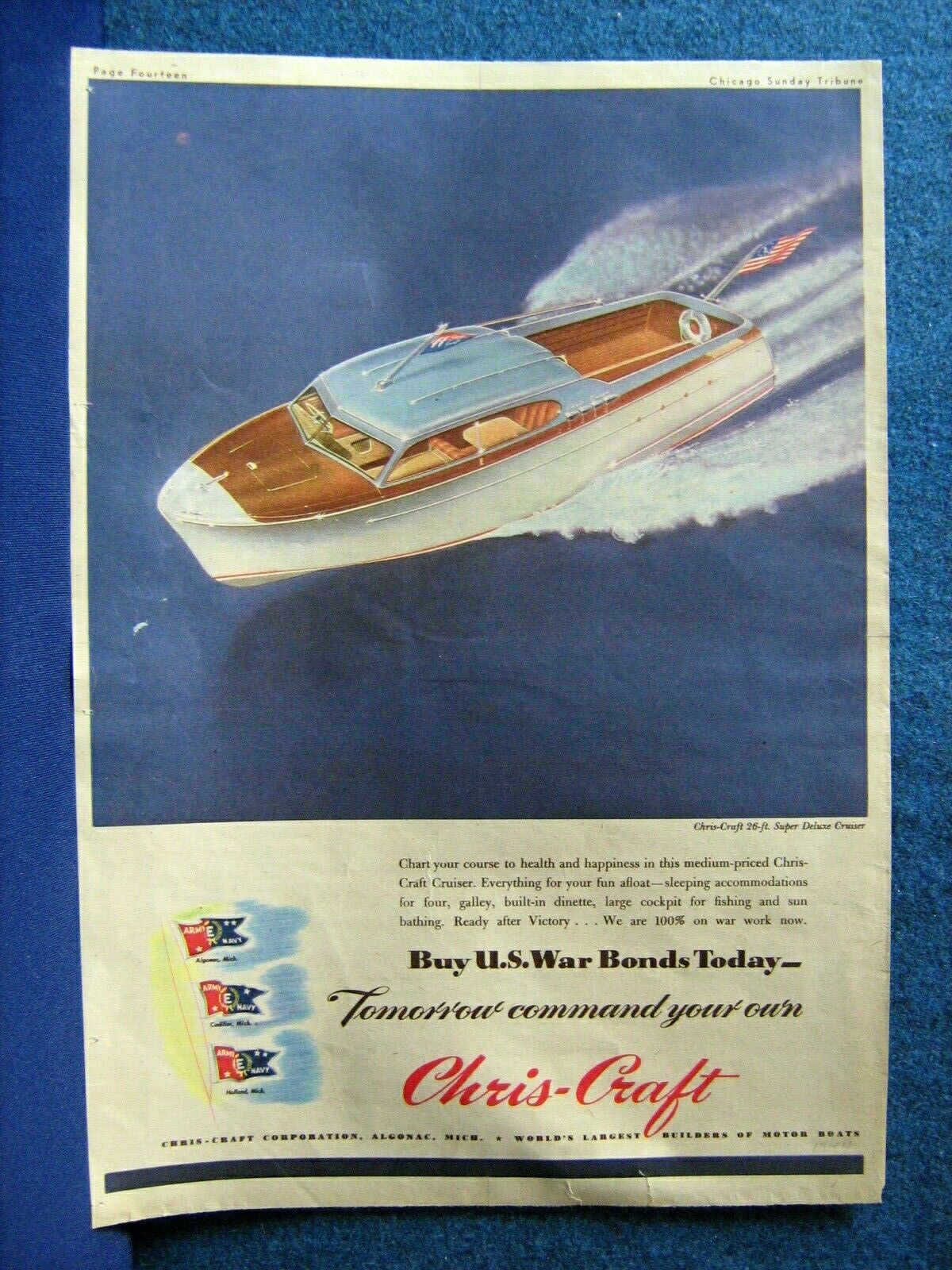 Lg. Sized Ad 1944 Chris-Craft Super De Luxe Cruiser Ad BUY U. S. WAR BONDS TOADY