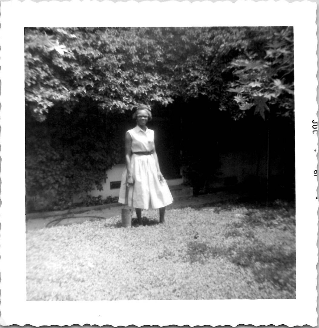 Classy African American Black Woman Wearing Dress in Garden 1960s Vintage Photo