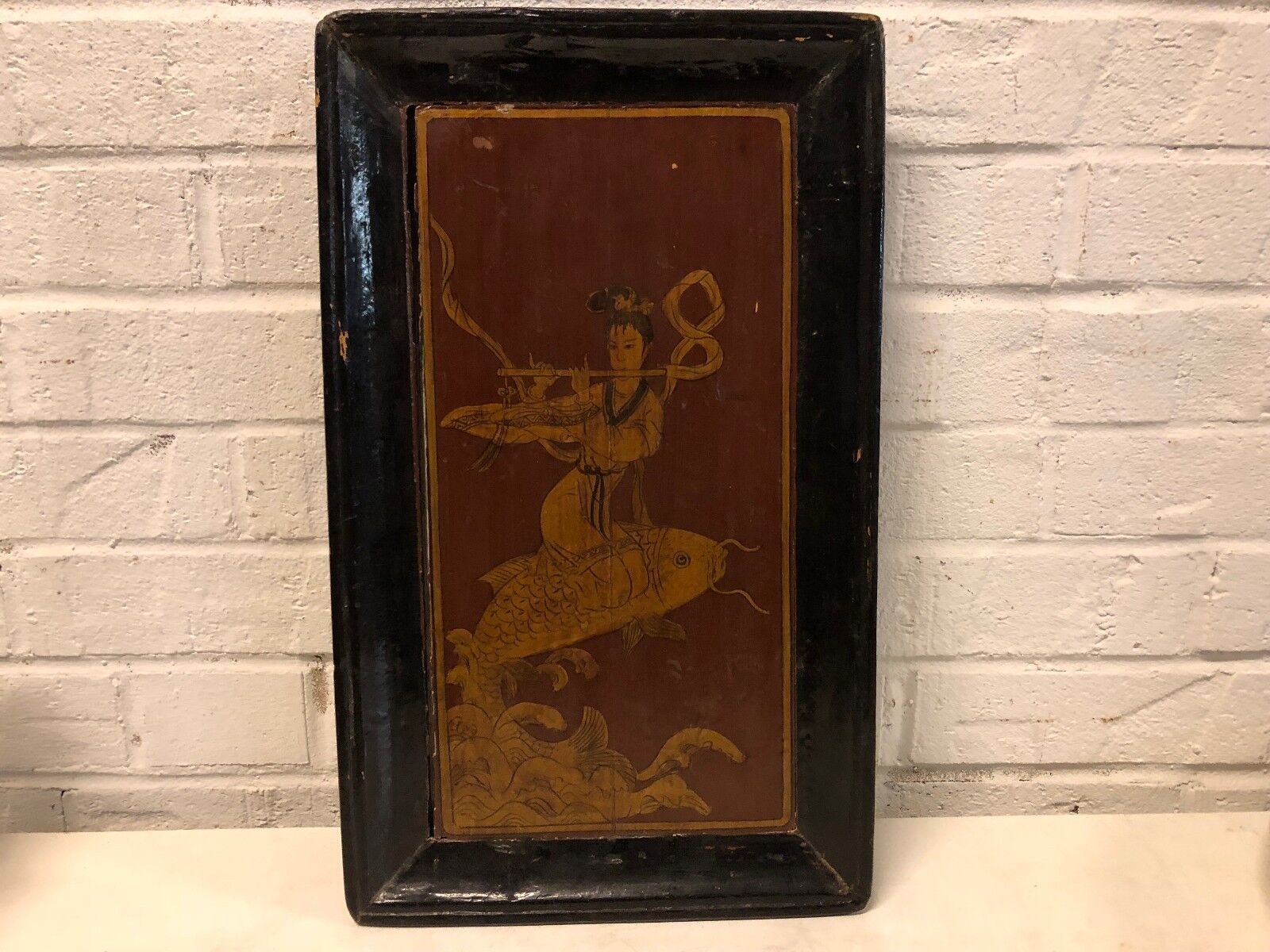 Vintage Possibly Antique Asian Wooden Plaque Woman Riding a Carp Playing Flute
