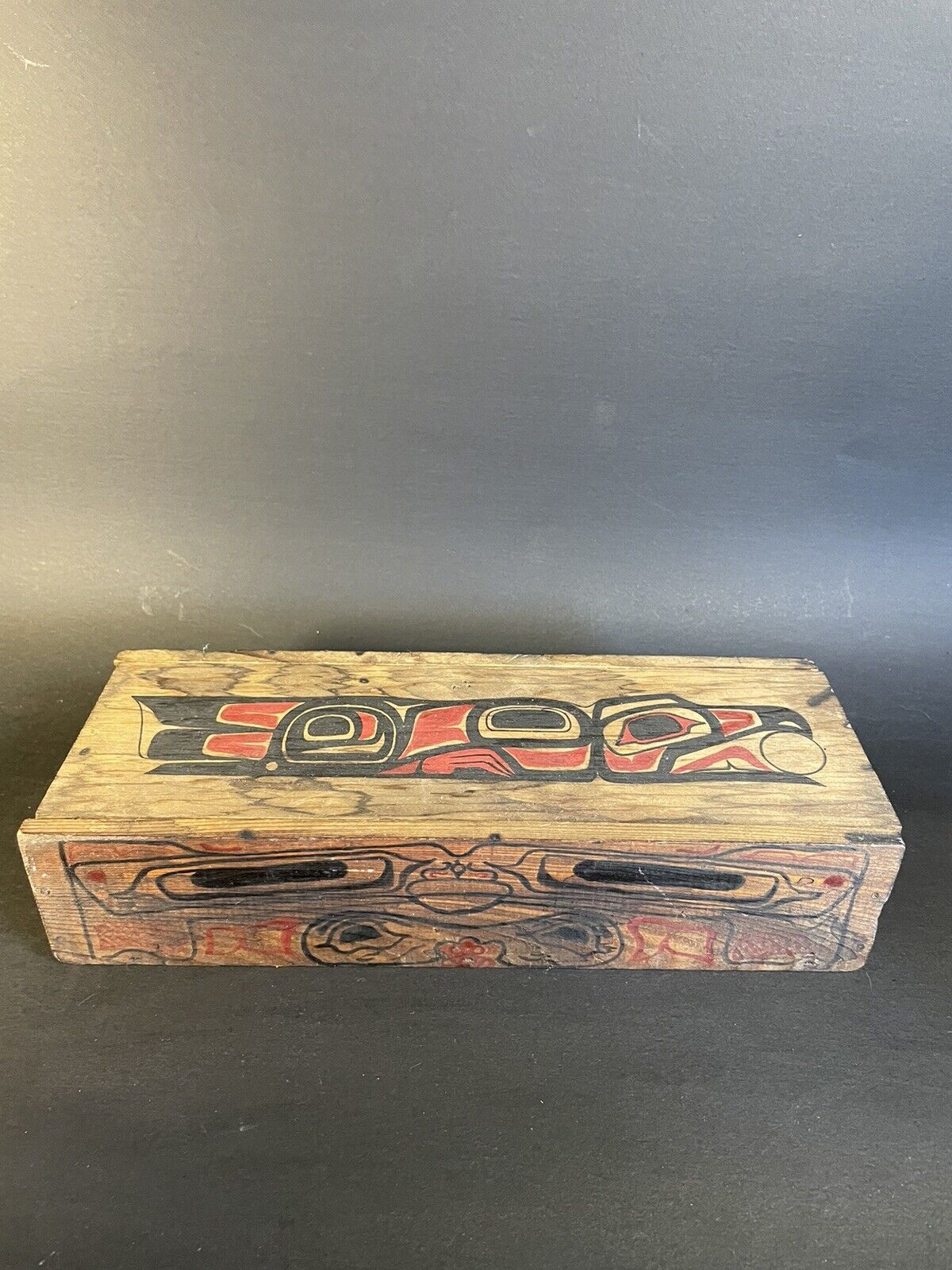 Pacific Northwest Coast Native American Wood Box Water stains 9.75”