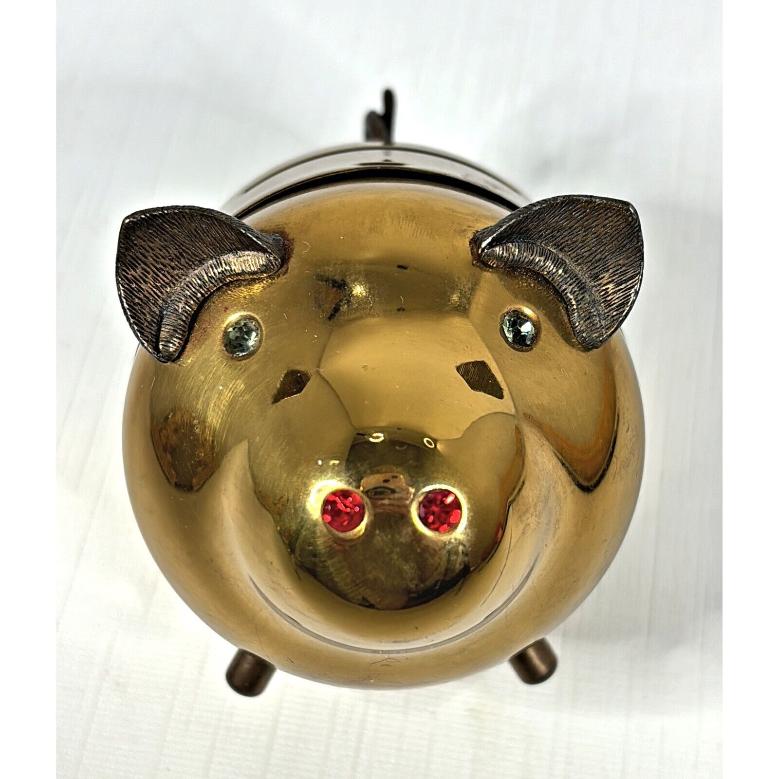 Metal Piggy Bank Rhinestone Eyes Jeweled Nose Pig Curly Tail Coin Gold Tone Vtg