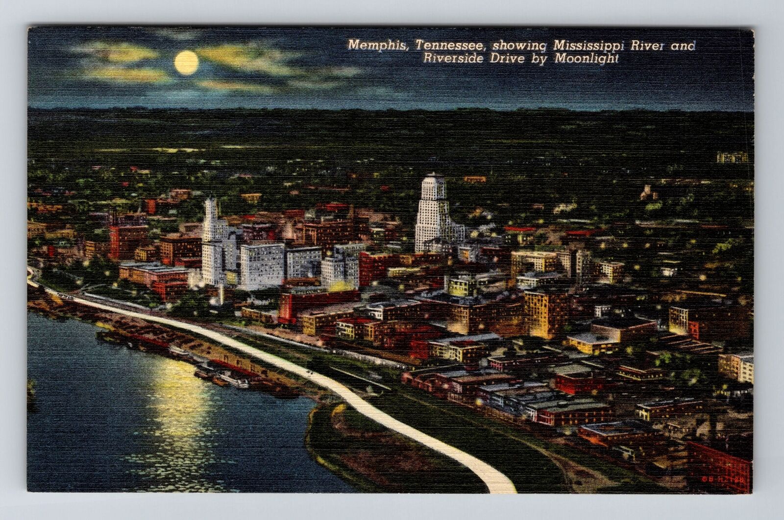 Memphis TN-Tennessee, Mississippi River Riverside Drive Moon, Vintage Postcard