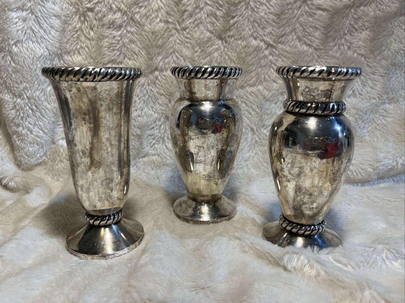 Pottery Barn Antiqued Silver Plated Twist Rope Weighted Bud Vases Set Of Three