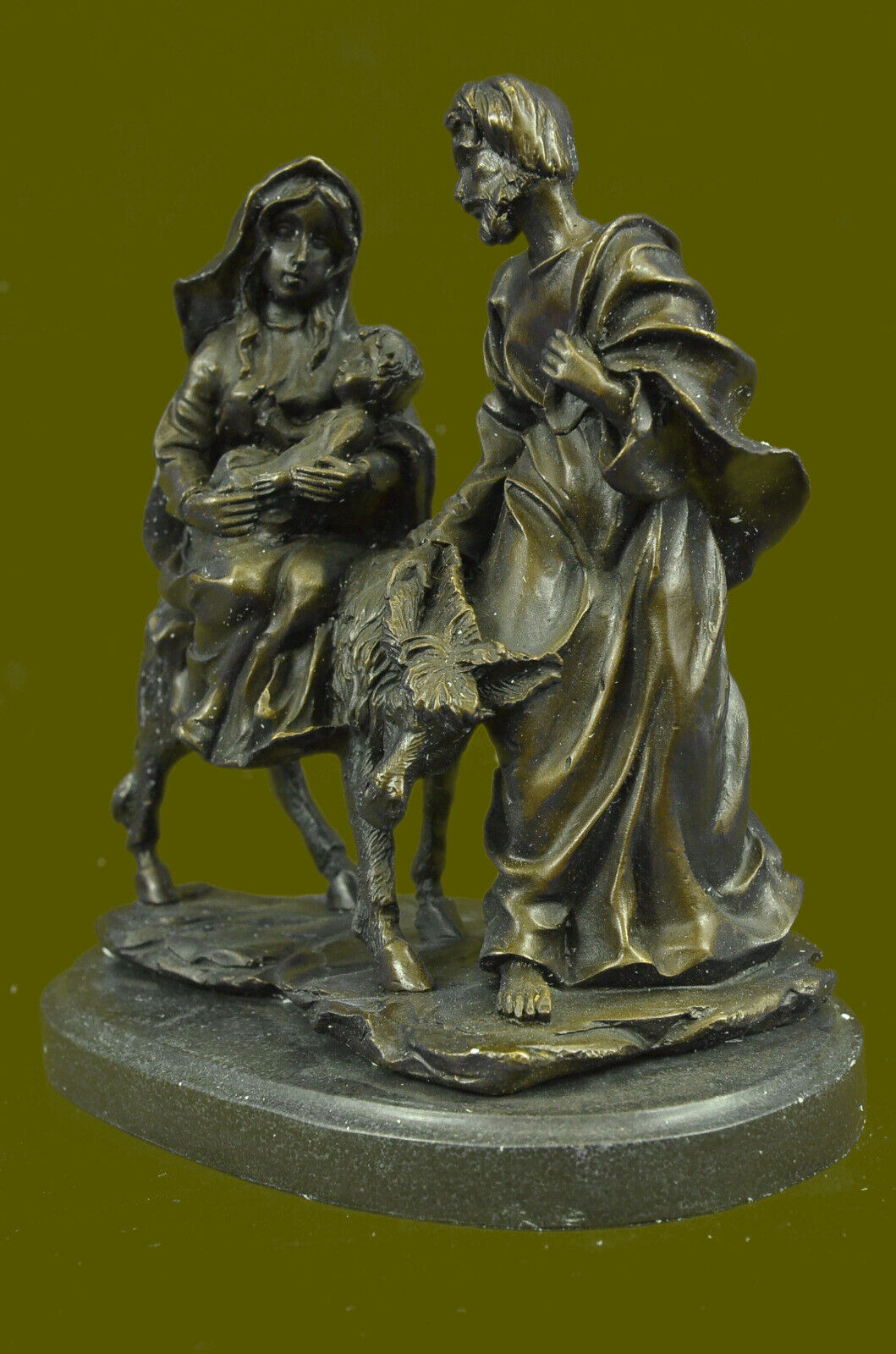 Joseph and Mary With Baby Jesus on a Mule Lost Wax Sculpture Figurine Statue Art
