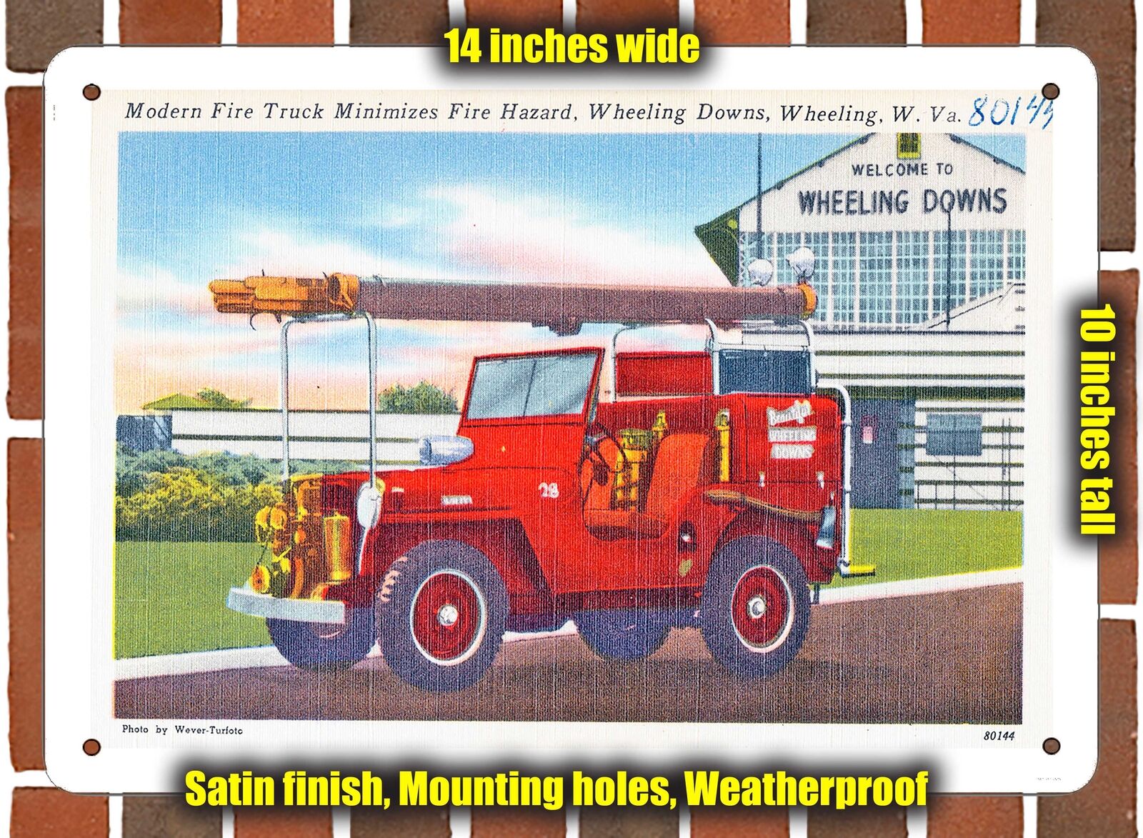 METAL SIGN - West Virginia Postcard - Modern Fire Truck Minimizes Fire Hazard,