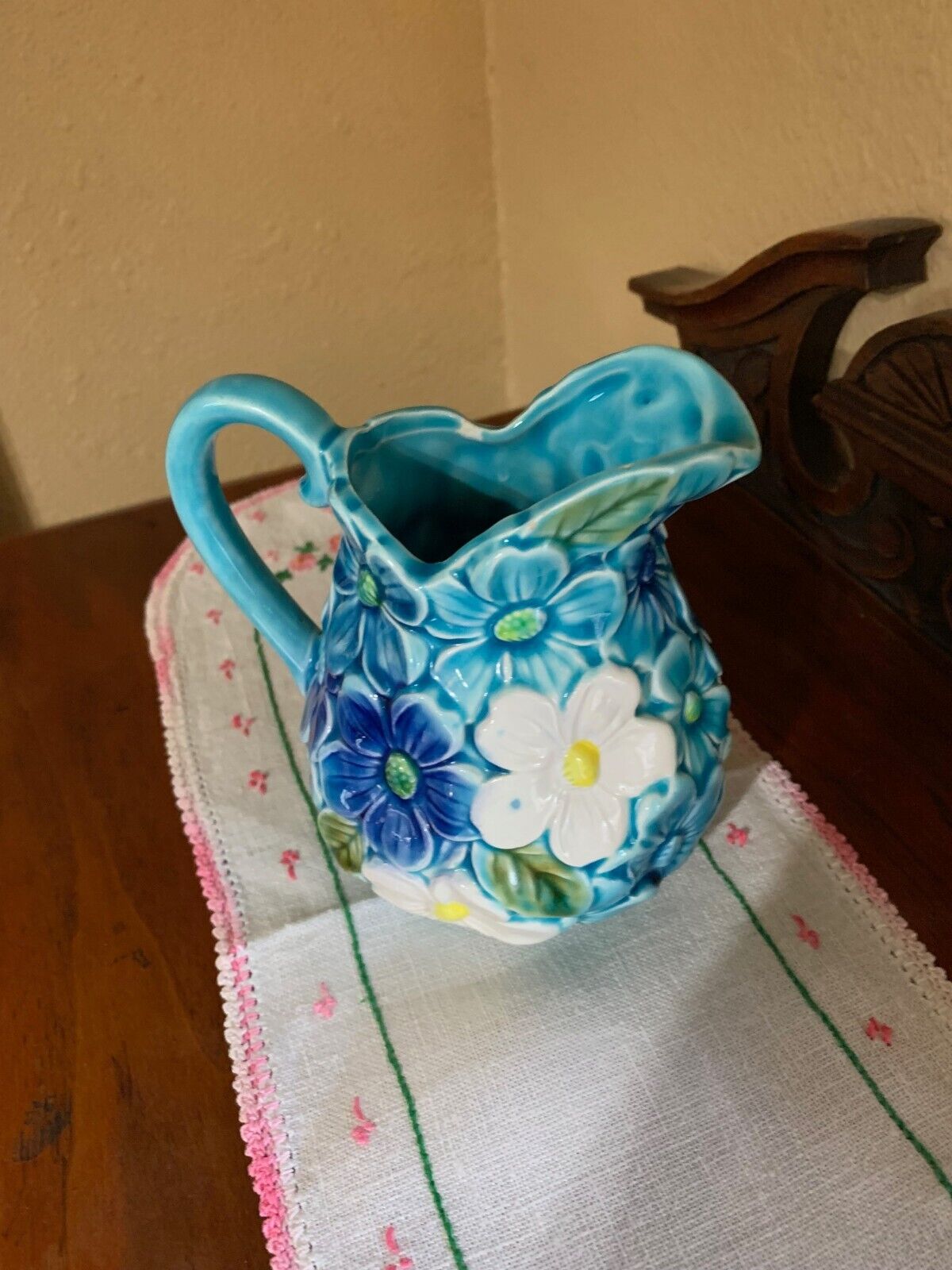 Vintage Relpo Daisy Pitcher Creamer Blue Floral Country 6263 Vase
