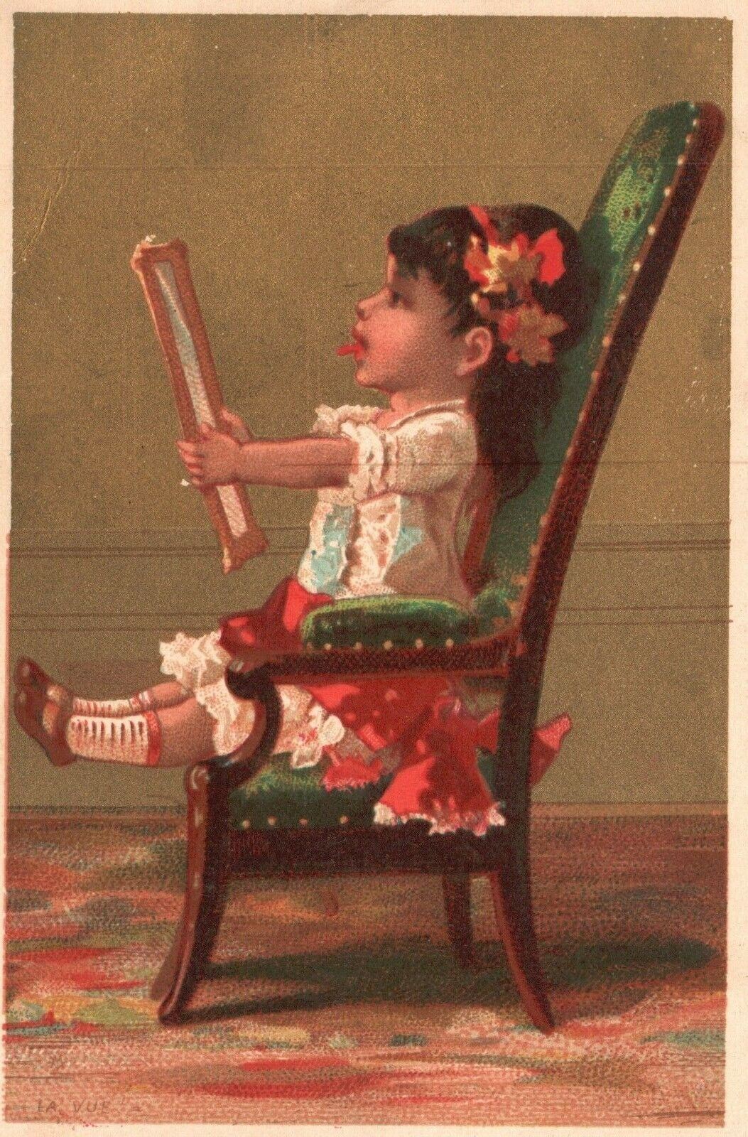 1880s-90s Young Girl on Chair Looking into Mirror Gold Background Trade Card