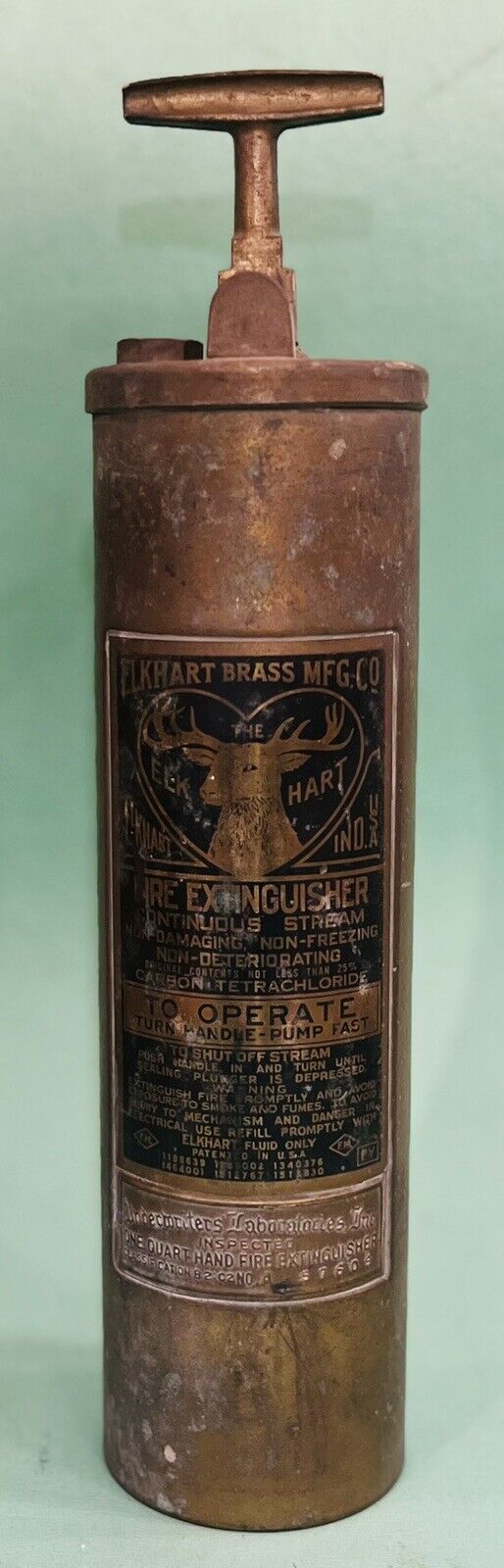 RARE Elkhart Brass 1 Quart Fire Extinguisher w/ Elk Logo, Made in USA - EMPTY