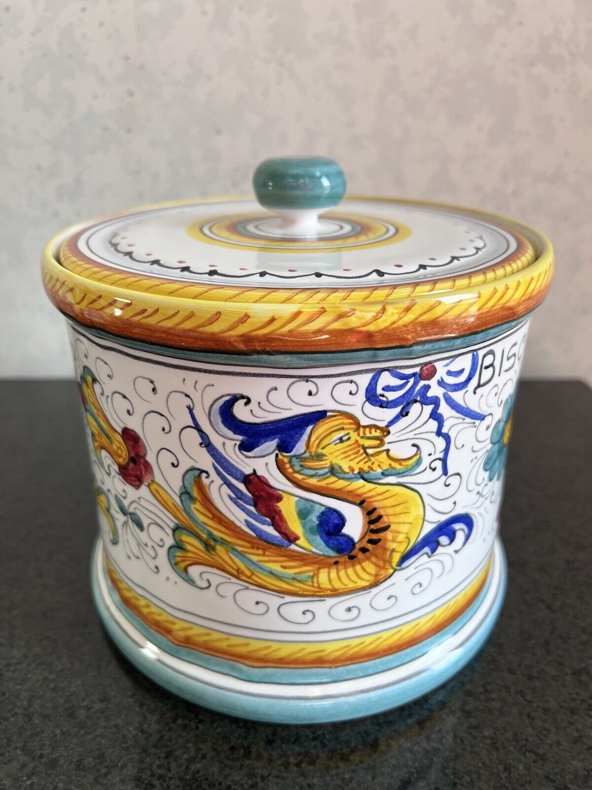 DERUTA Arte D’ Italia Imports Hand Painted Dragons Biscotti Jar