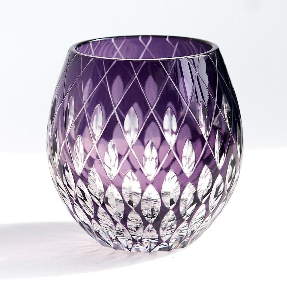 Crystal Edo Kiriko Japanese Style Craft Whiskey Wine Water Glass Purple 11oz