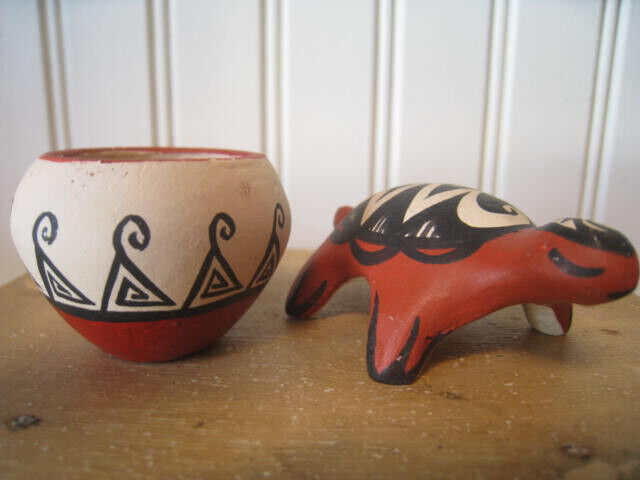 2 Miniature Vintage Signed Pottery Pcs Temco New Mexico S. Loretta Bowl & Turtle
