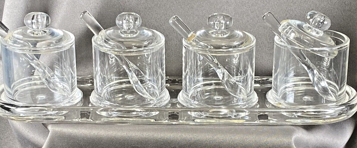 Acrylic Tray With Four Lidded Jars with Matching Spoons