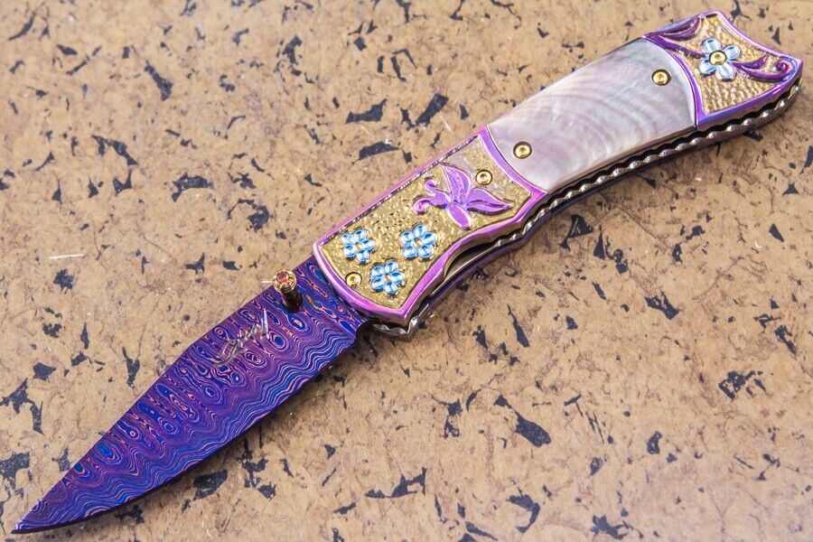 Suchat Jangtanong Custom Handmade Folding Knife Damascus Black Pearl Titanium