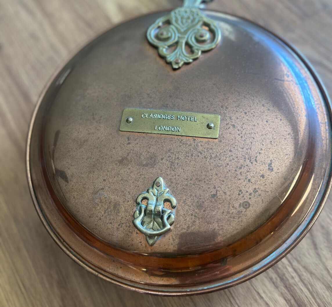   Antique vintage copper & brass bed warming pan Claridges Hotel London.