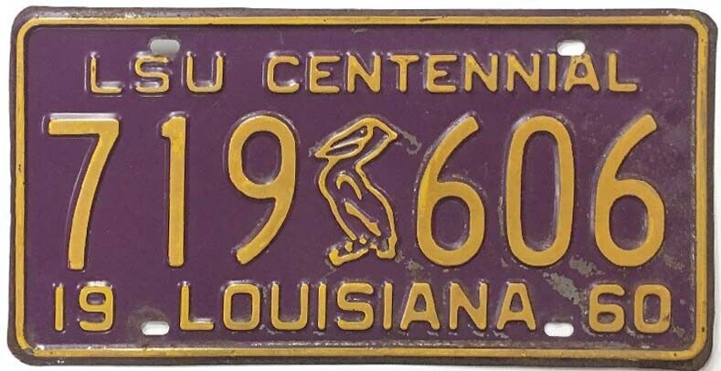 Louisiana 1960 Purple LSU Centennial Pelican License Plate 719 606