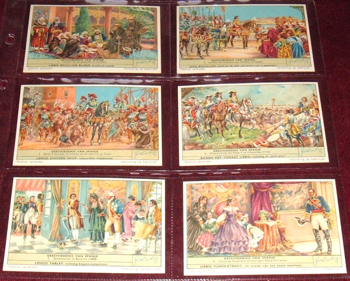 LIEBIG SET 6 x TRADE CARDS- HISTORY OF SPAIN 1956 DUTCH GESCHIEDENIS VAN SPANJE
