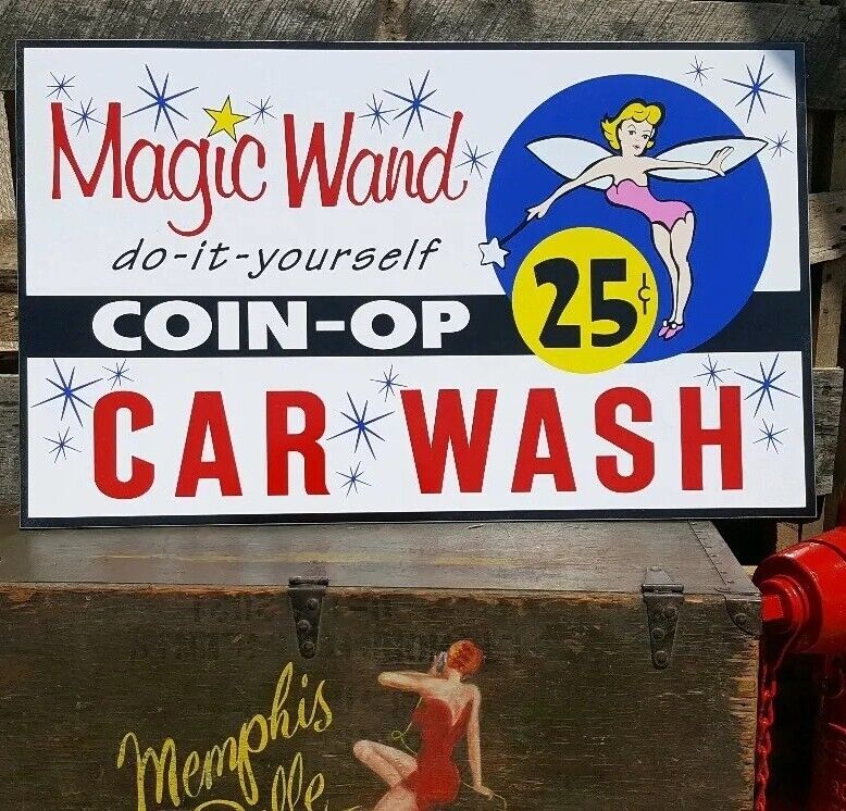 Vintage look Old Style Magic Wand Coin Op Car Wash Sign 60s hot rod garage art 