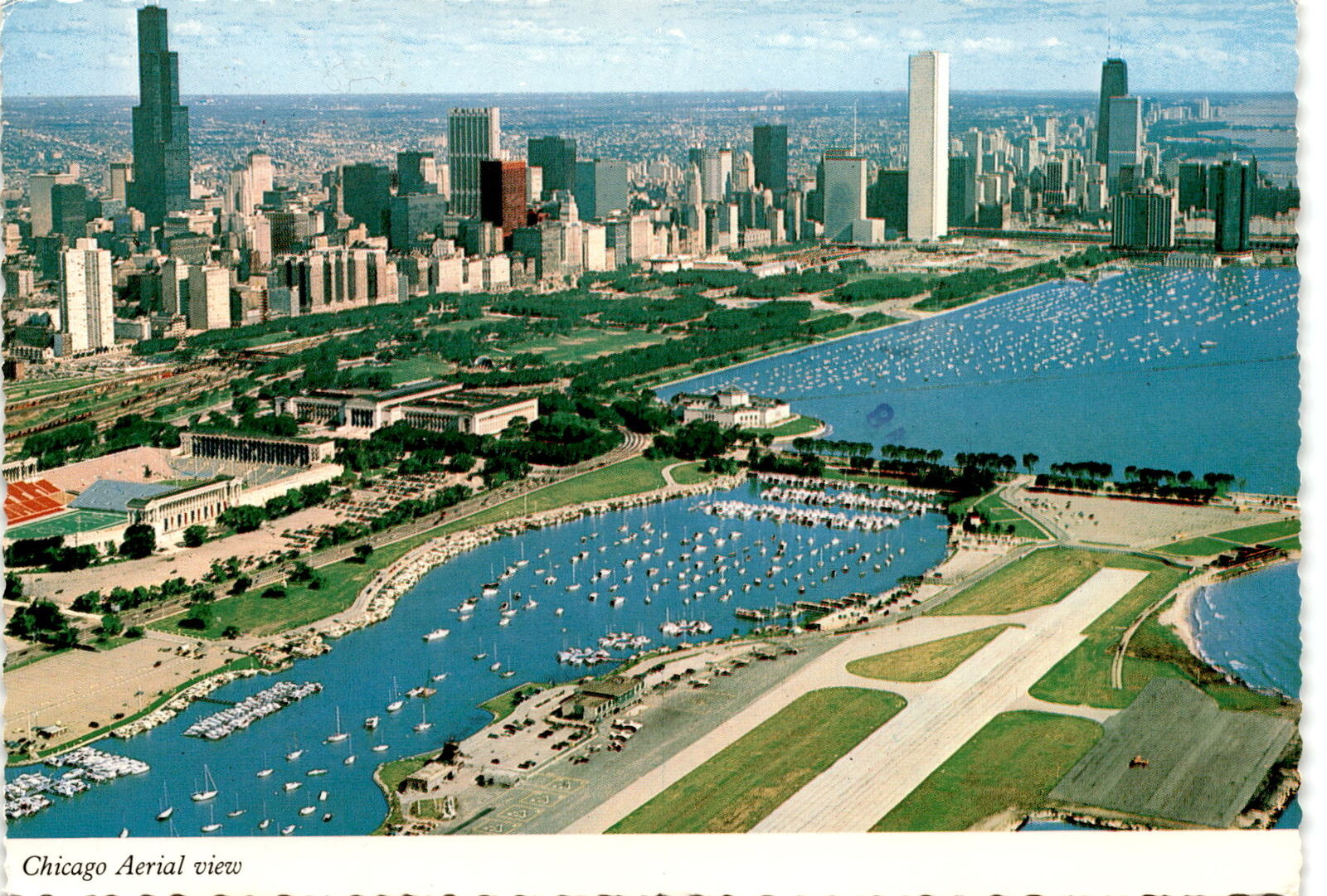 Chicago, aerial view, Meig's Field, Lake Michigan, tallest buildings, Postcard
