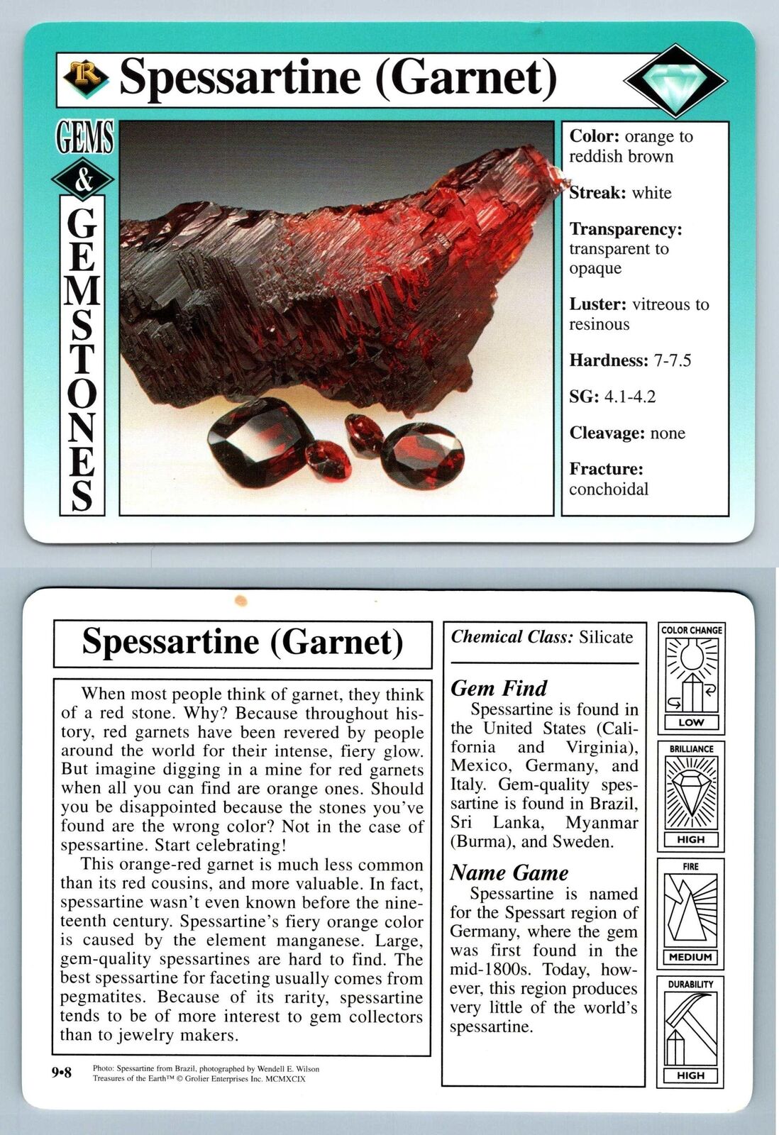 Spessartine (Garnet) #9.8 - Gems & Gemstones Treasures Of The Earth Grolier Card