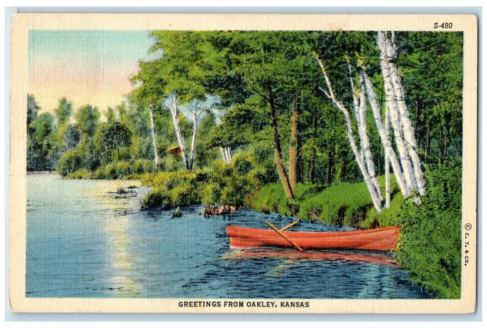 1948 Greetings From Oakley Canoe Boat Scene Kansas KS Posted Vintage Postcard