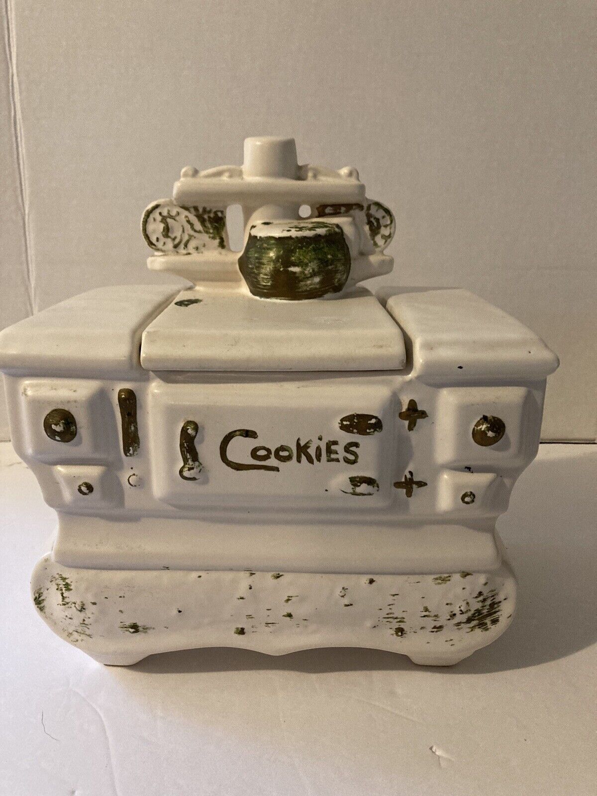 Vintage McCoy Pottery White Old Time Stove Cookie Jar