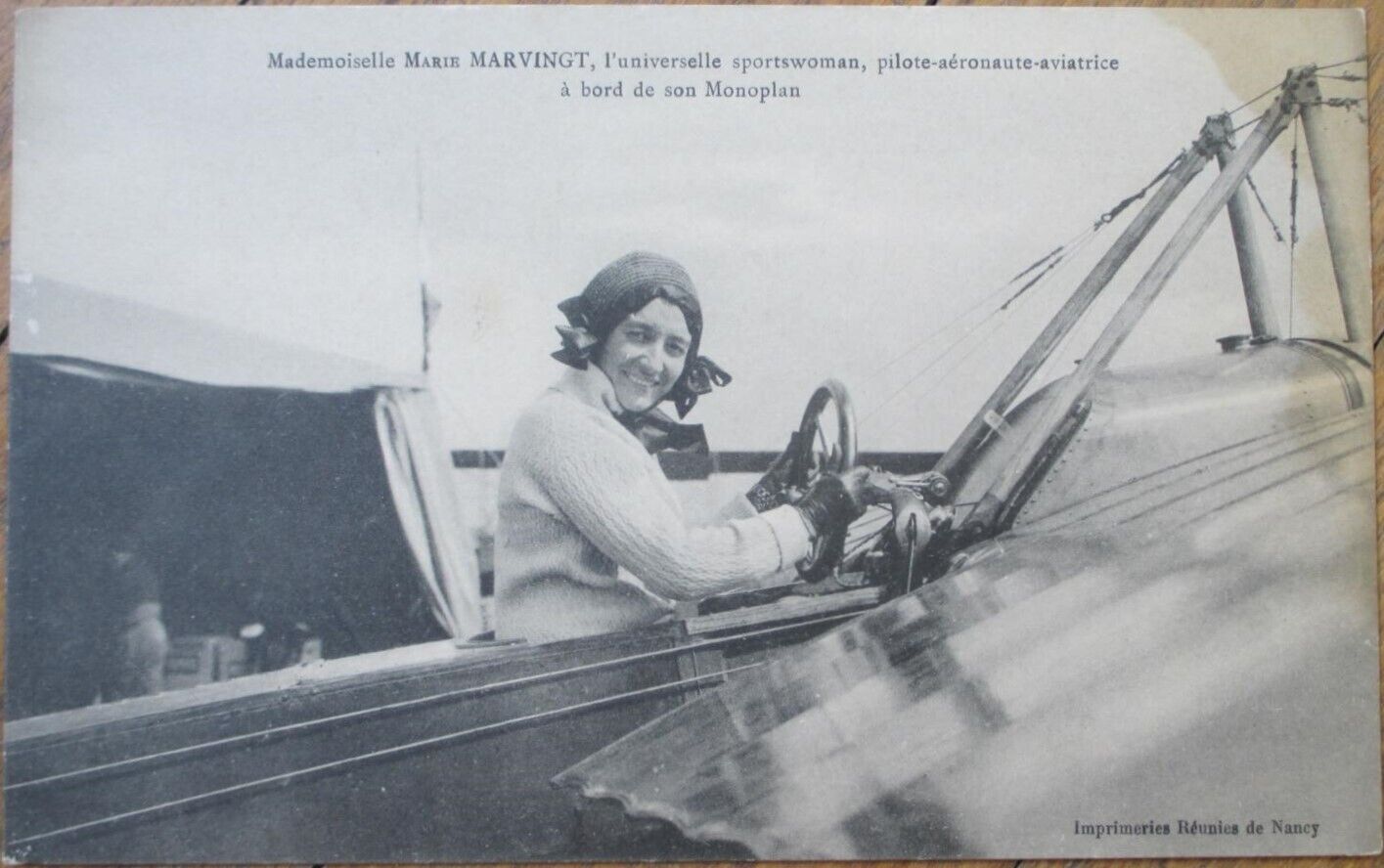 French Aviation 1910 Postcard, Female Aviator Marie Marvingt in Airplane, Pilot