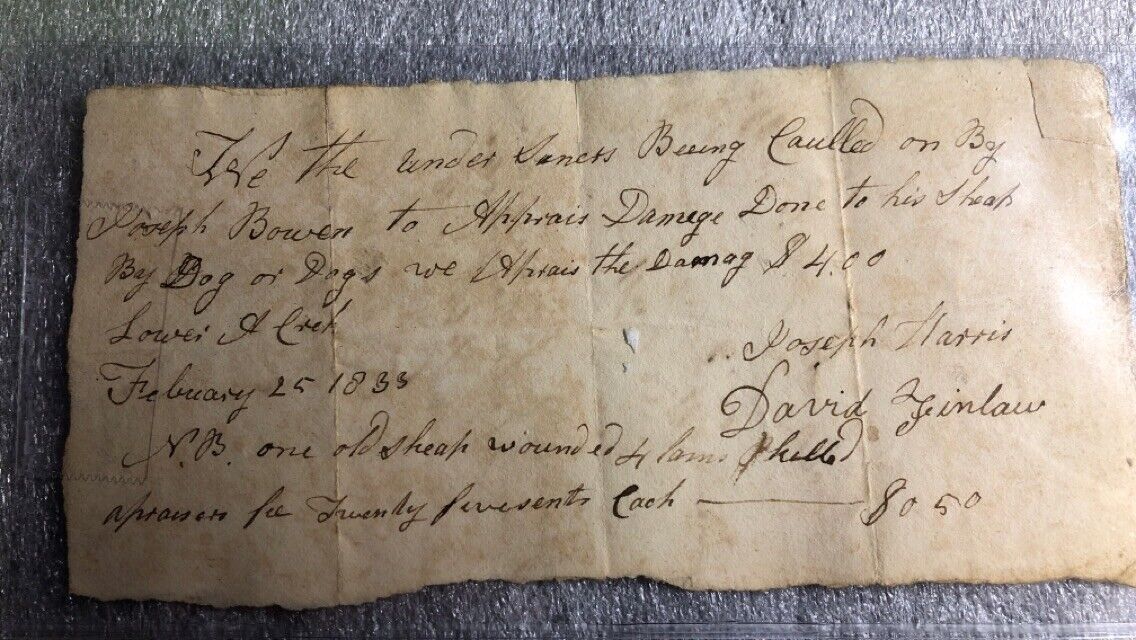 Antique Handwritten Receipts and Note 1834 Paying Damages of $4 for a DOG's READ