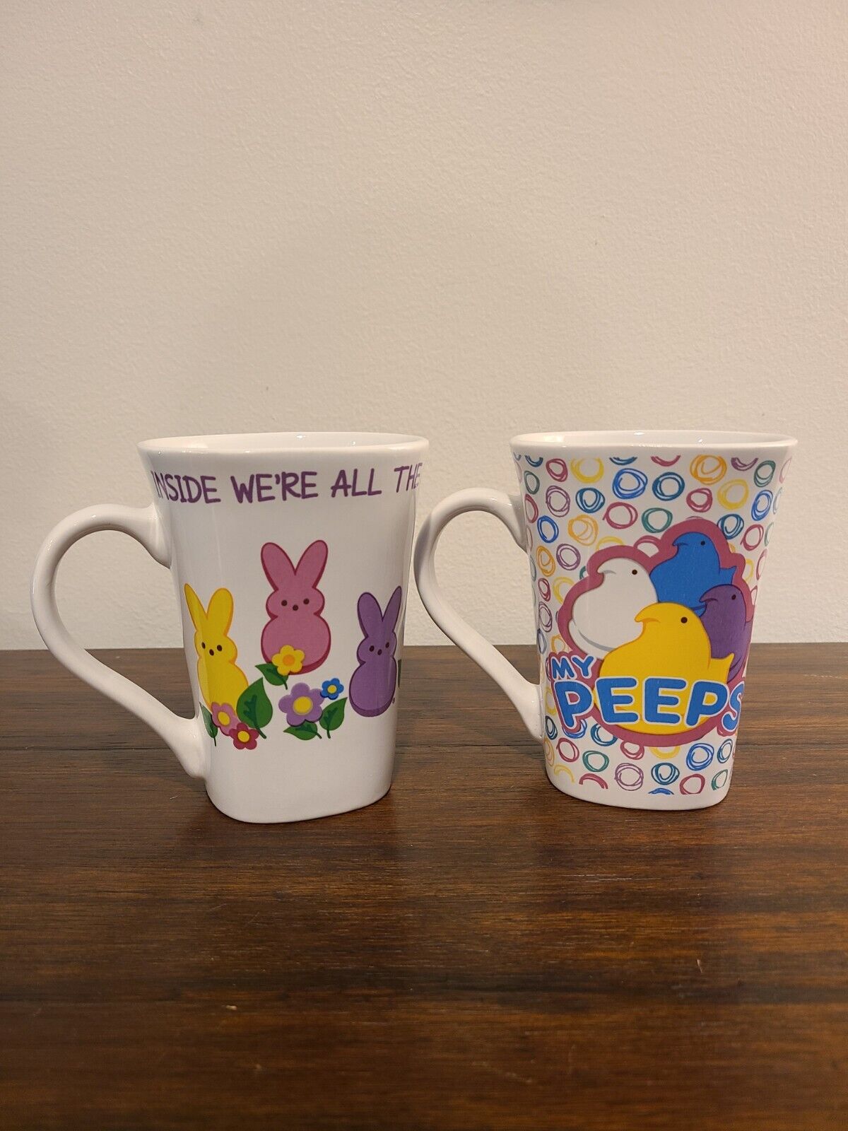 Peeps Bunny Chicks Multicolor Floral Geometric Squiggly Coffee Mugs Set of 2 EUC