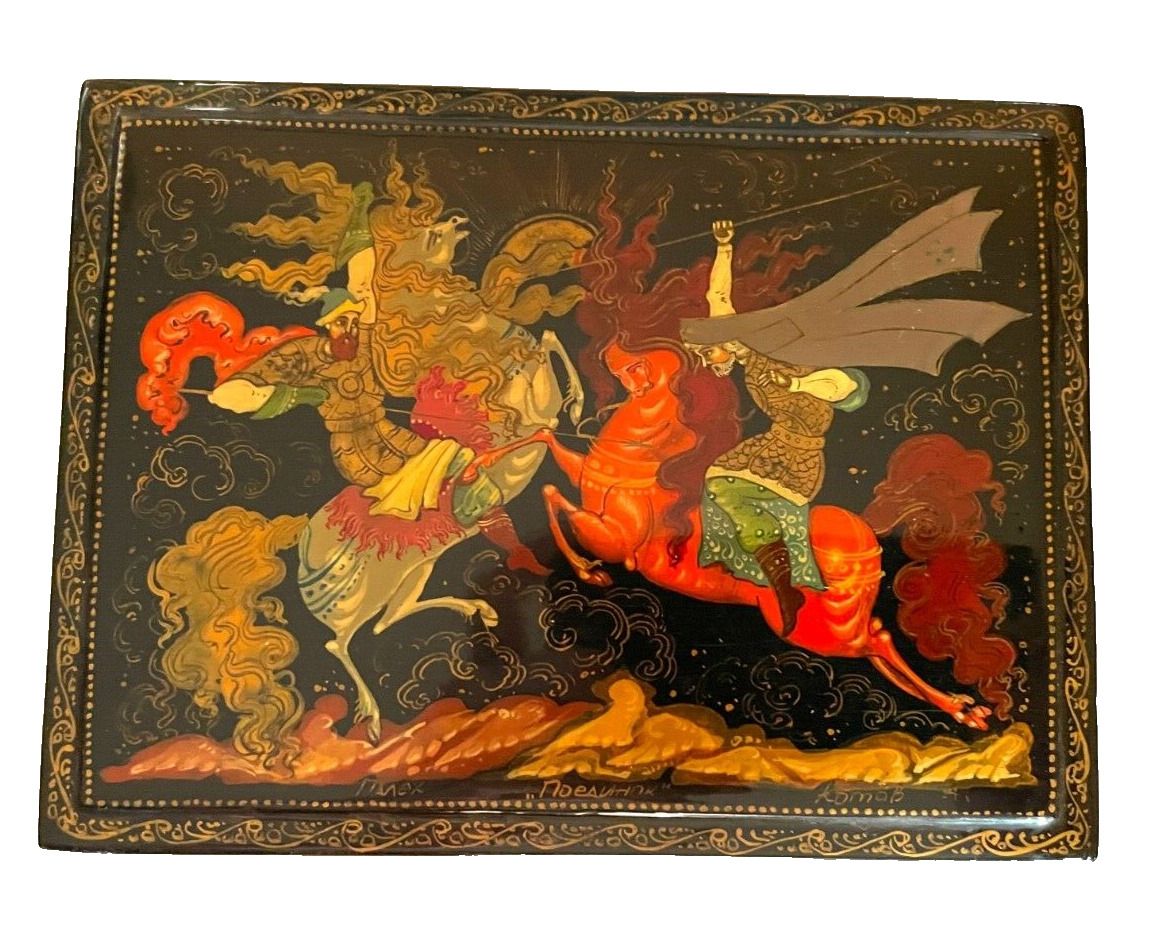 Vintage Russian Lacquer Box Large Palekh Fighting