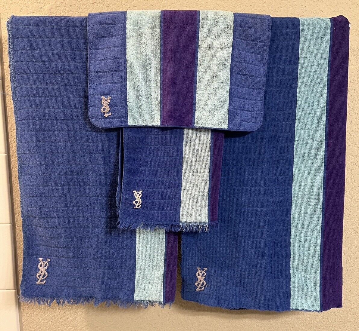 Vintage 1970s Yves Saint Laurent Towel Set Striped Blue Aqua Purple 4 Piece Set