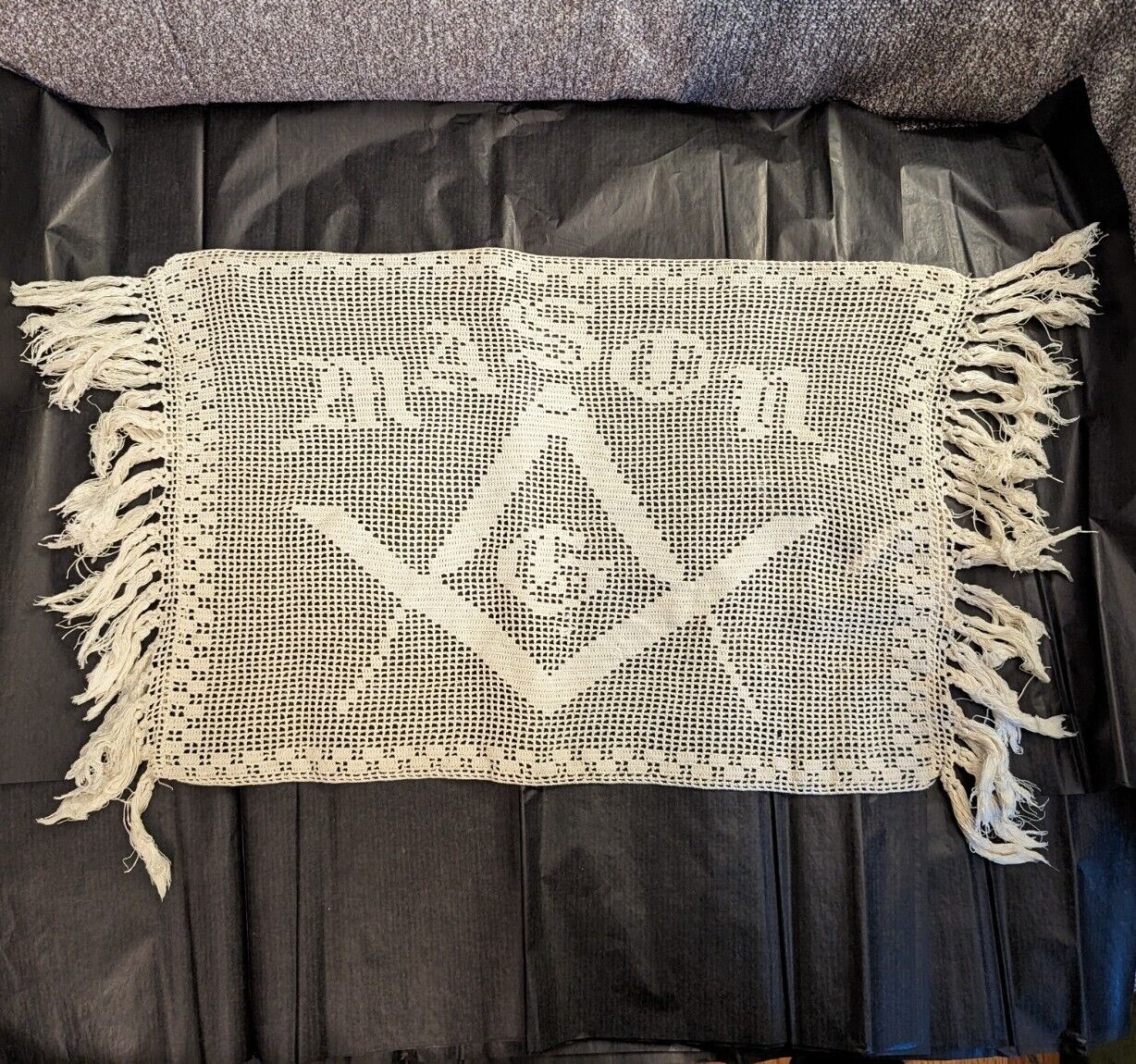 Rare Masonic Lace Filet Crochet Doily 180/s Freemasonry Esoteric Victorian Mason