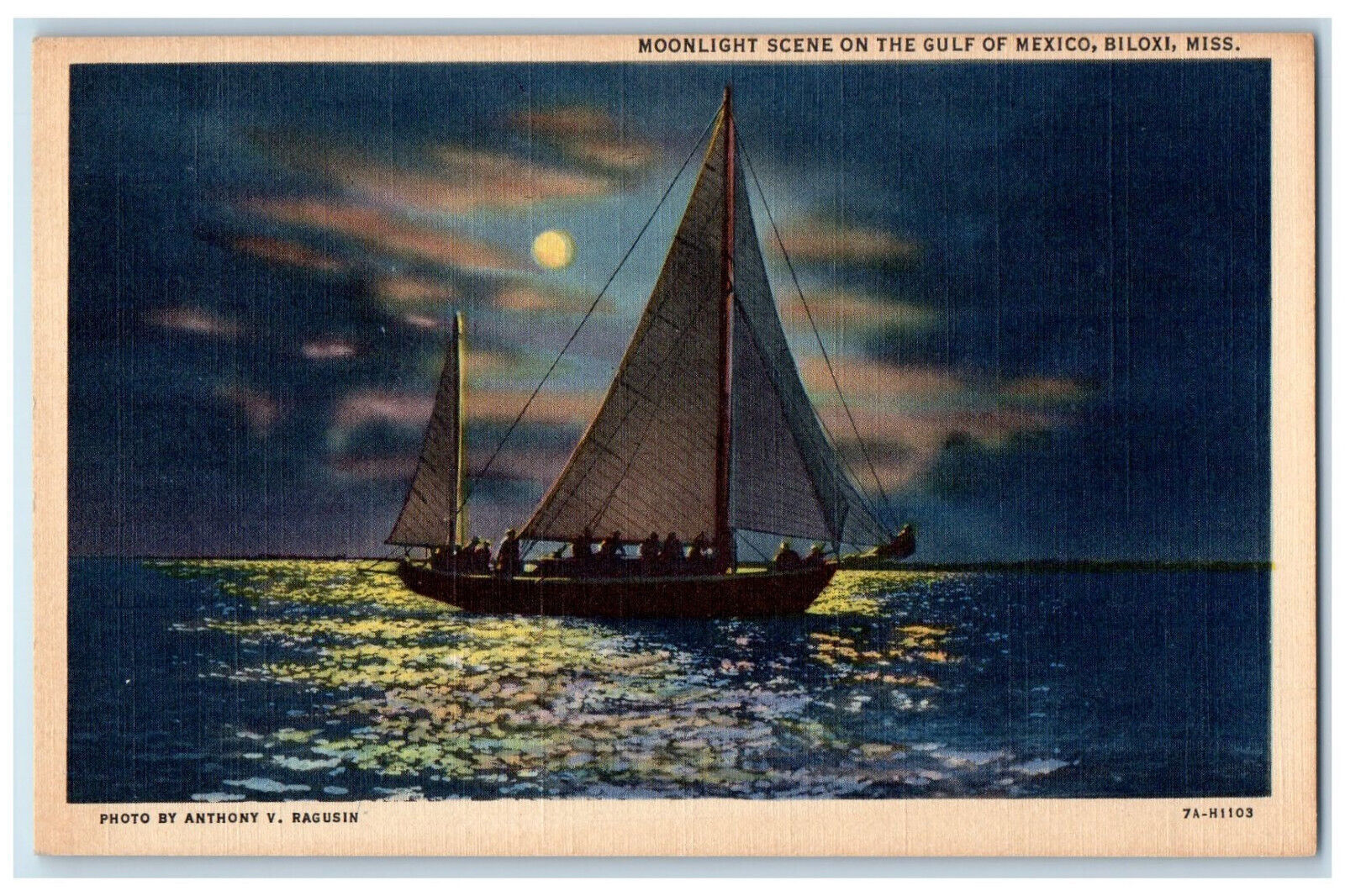 c1940's Boat in Moonlight Scene on the Gulf of Mexico, Biloxi MS Postcard