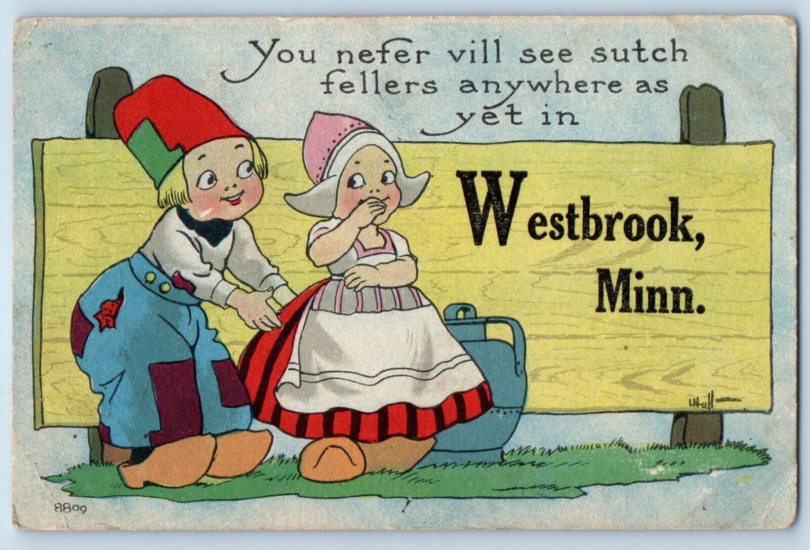 Westbrook Minnesota MN Postcard Dutch Kids Signage c1914 Vintage Antique Posted