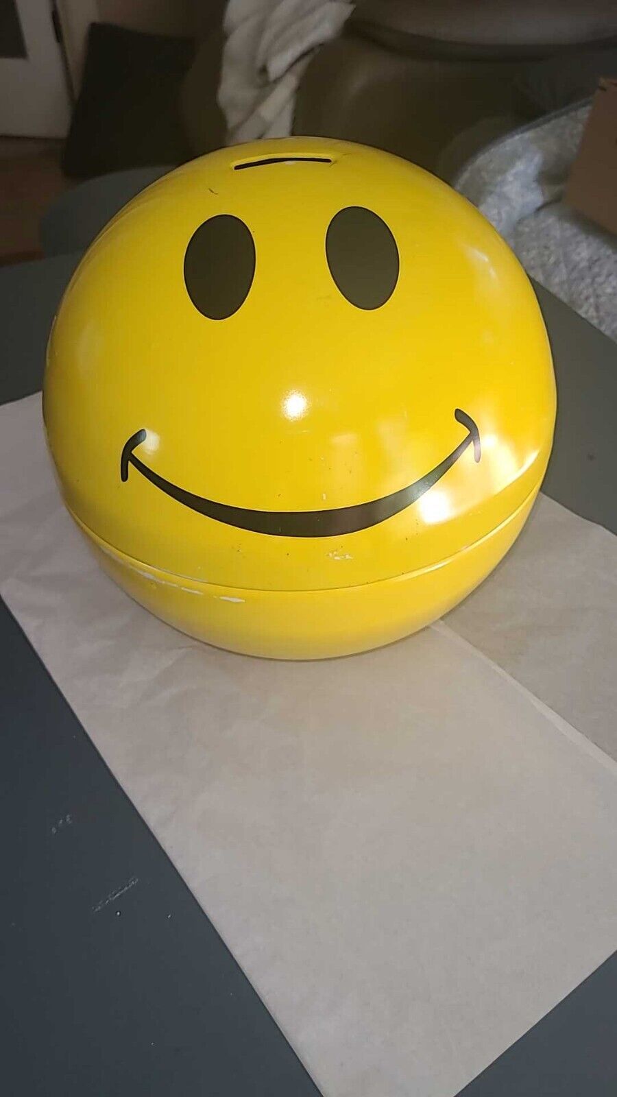 Large Yellow Smiley Happy Face Metal Tin Emoji Coin Money Piggy Bank 9