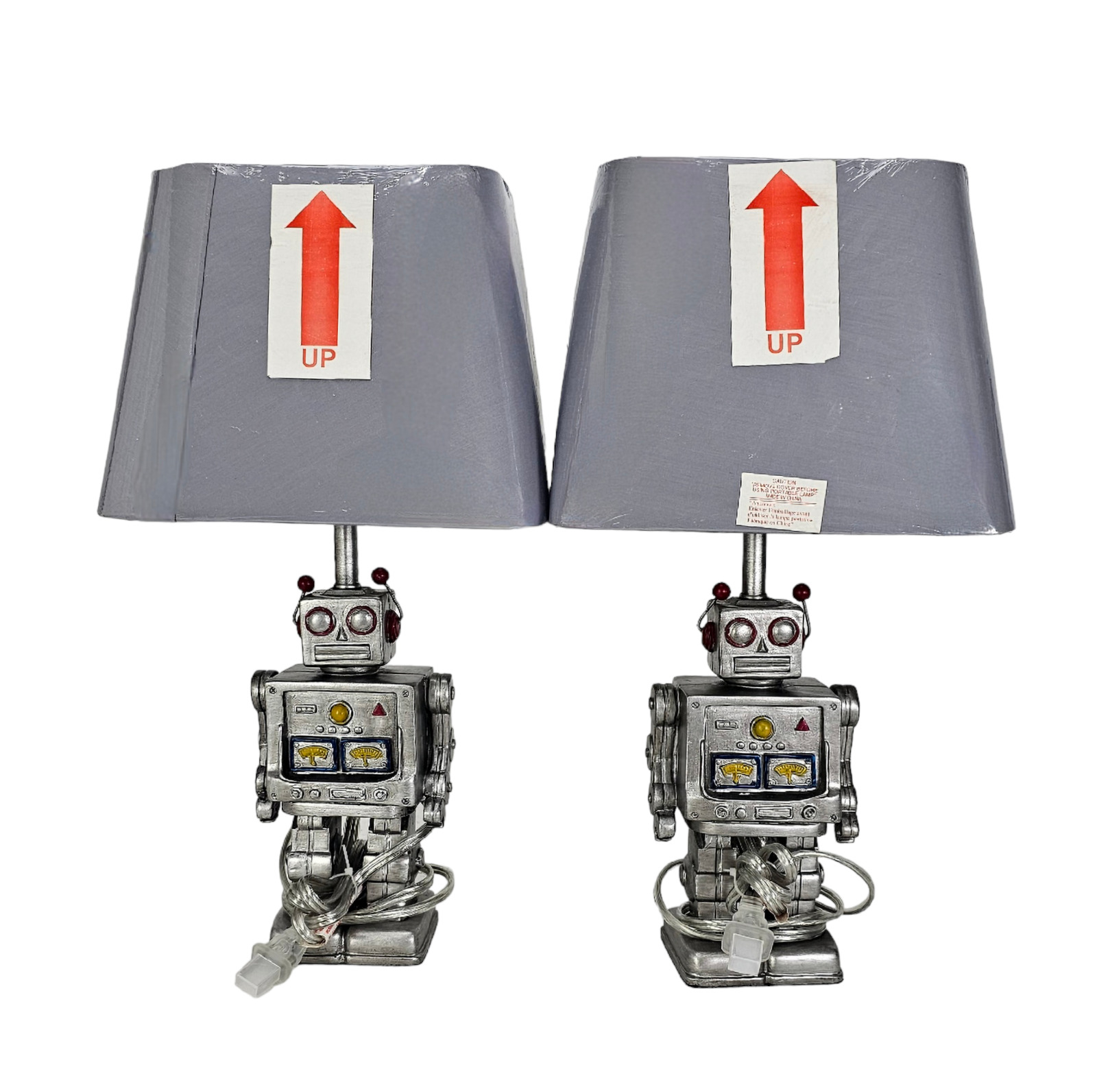 Pair of Funny Robot Silver Gray Table/Bedside Lamp Resin Children\'s Bedroom