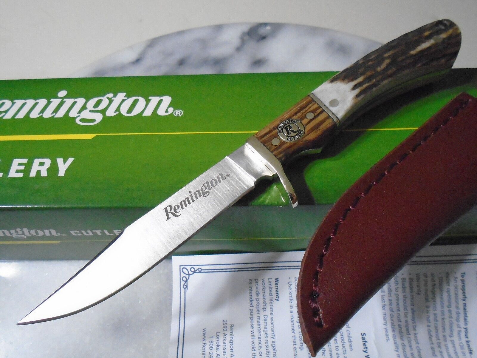 Remington Guide Jr Skinner Fixed Blade Knife Deer Stag Leather Full Tang 15655