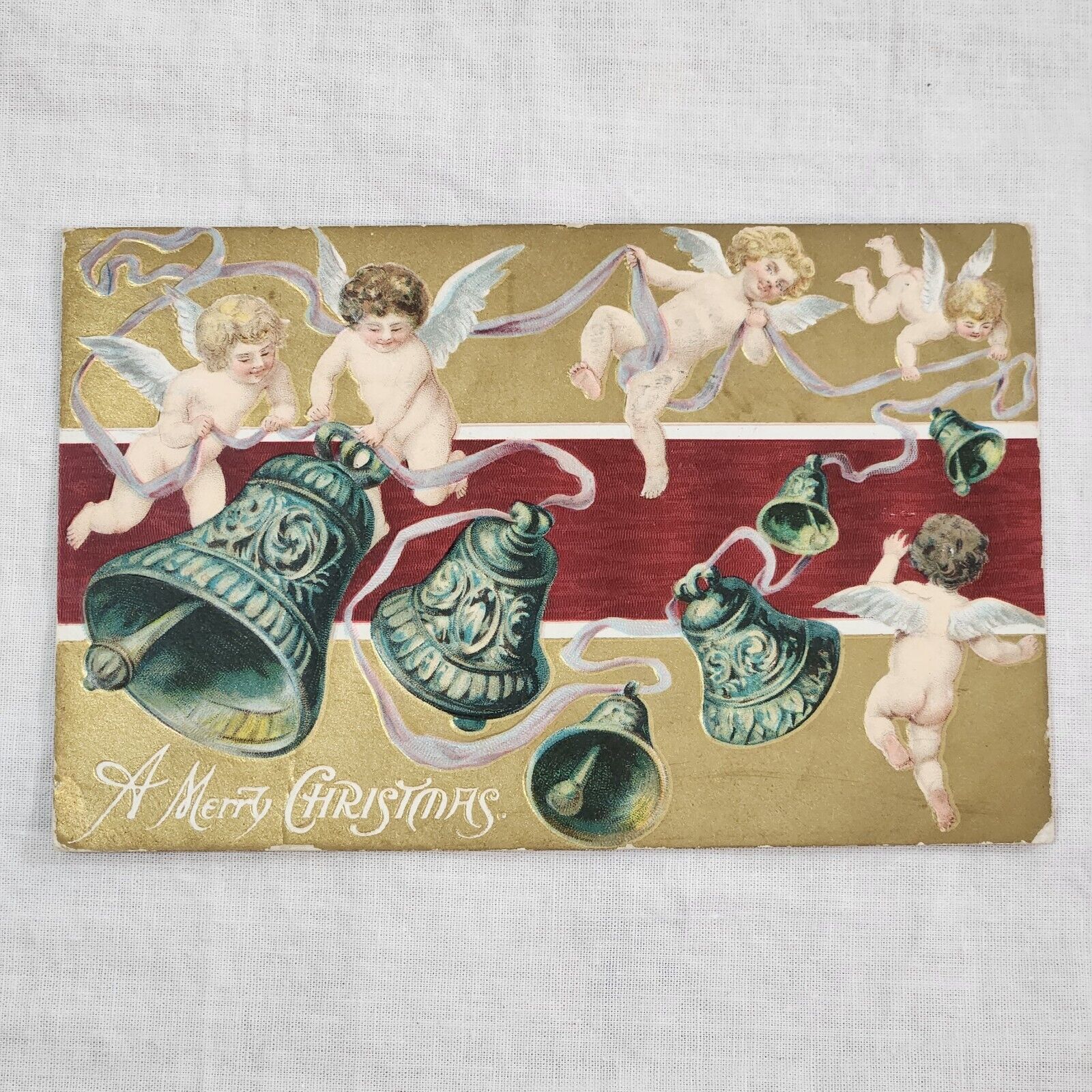 1908 Christmas Embossed Postcard Bells & Angels, Printed In Germany, 