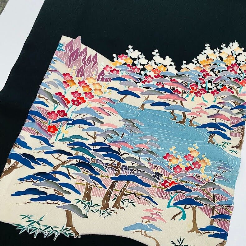 Kaga Yuzen Dyed #C 14x68 LONG Vintage Tomesode Black Silk Kimono Fabric ToE83