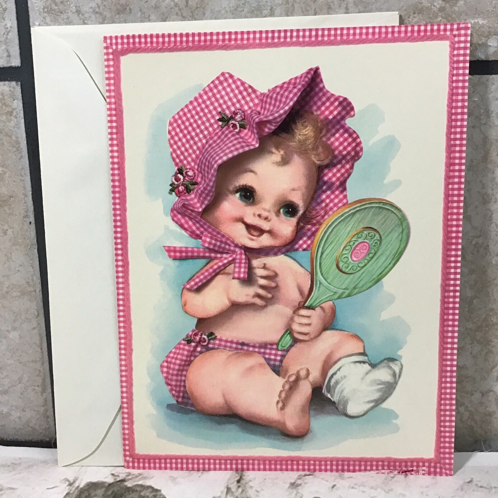 Vintage 50’s Jumbo 9.5” Greeting Card Get Well Soon Baby Girl In Bonnet W/Mirror