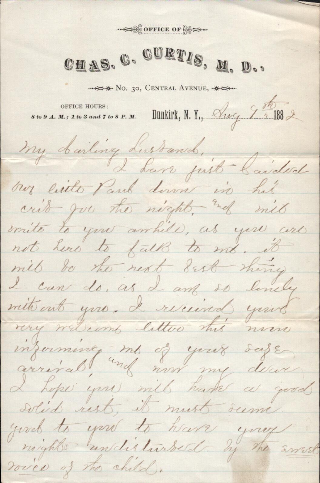 1882 DUNKIRK, NEW YORK antique handwritten letter DOCTOR CHARLES C. CURTIS, M.D.