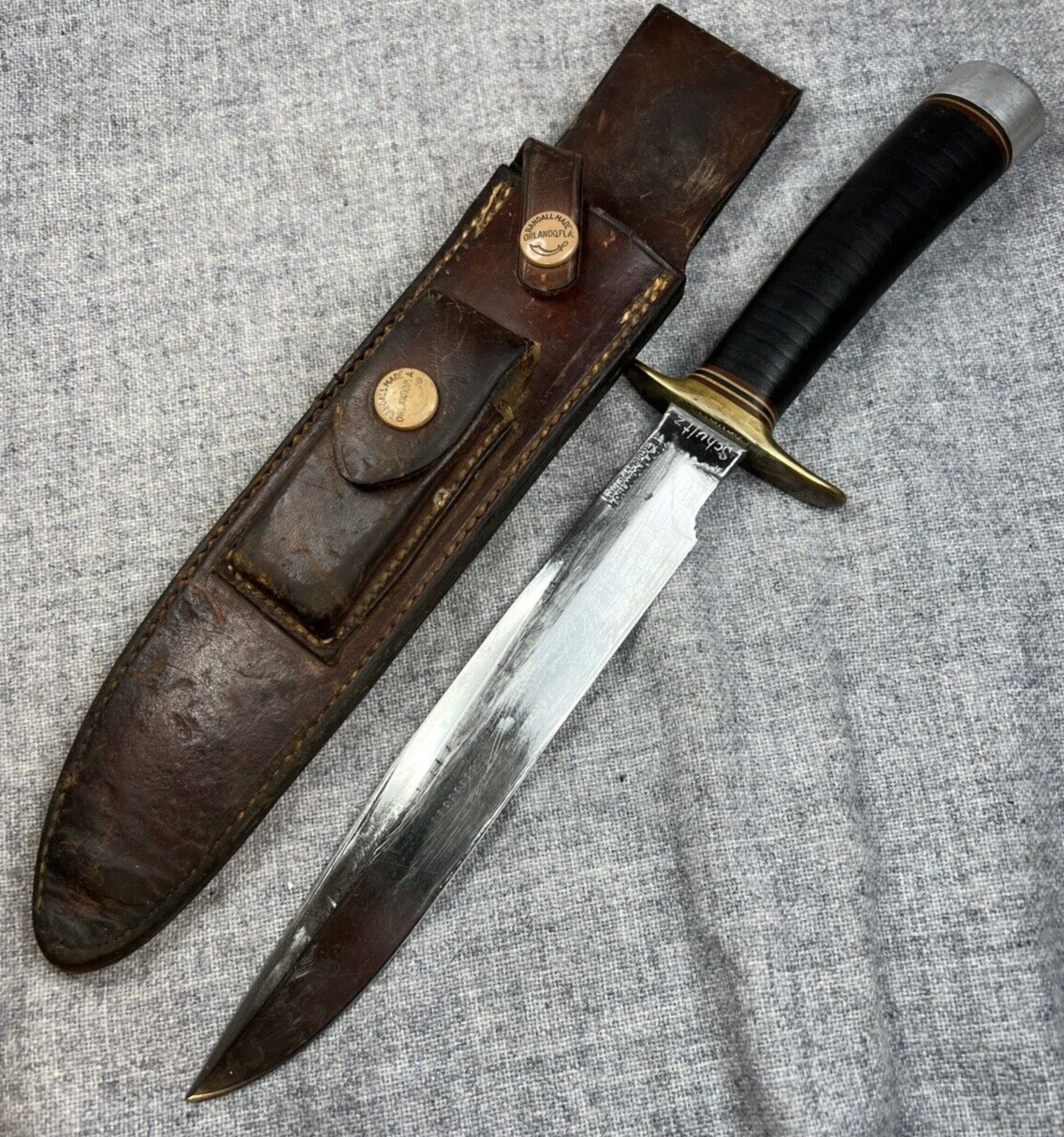 Older RANDALL 1-8 Fighting Knife - Stacked Leather Handle w/ Sheath and Stone