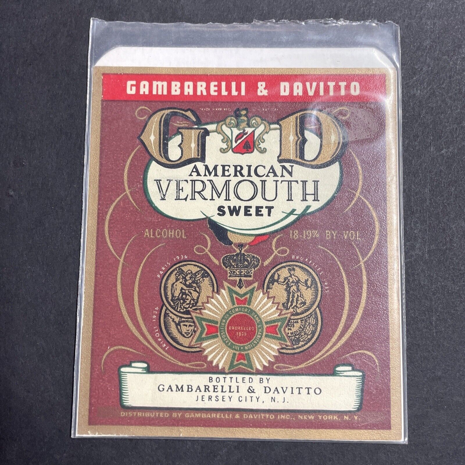 Vintage 1930s Gambarelli & Davitto Vermouth UNUSED Paper Label Jersey City Q1977