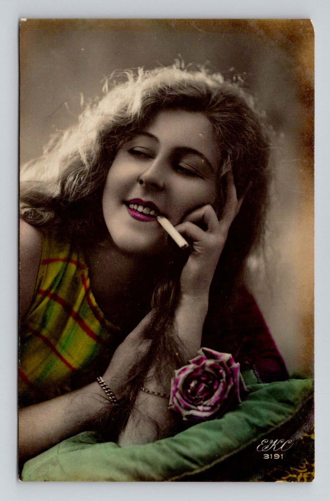 RPPC Woman Smoking Cigarette Colorized Vintage Real Photo M4