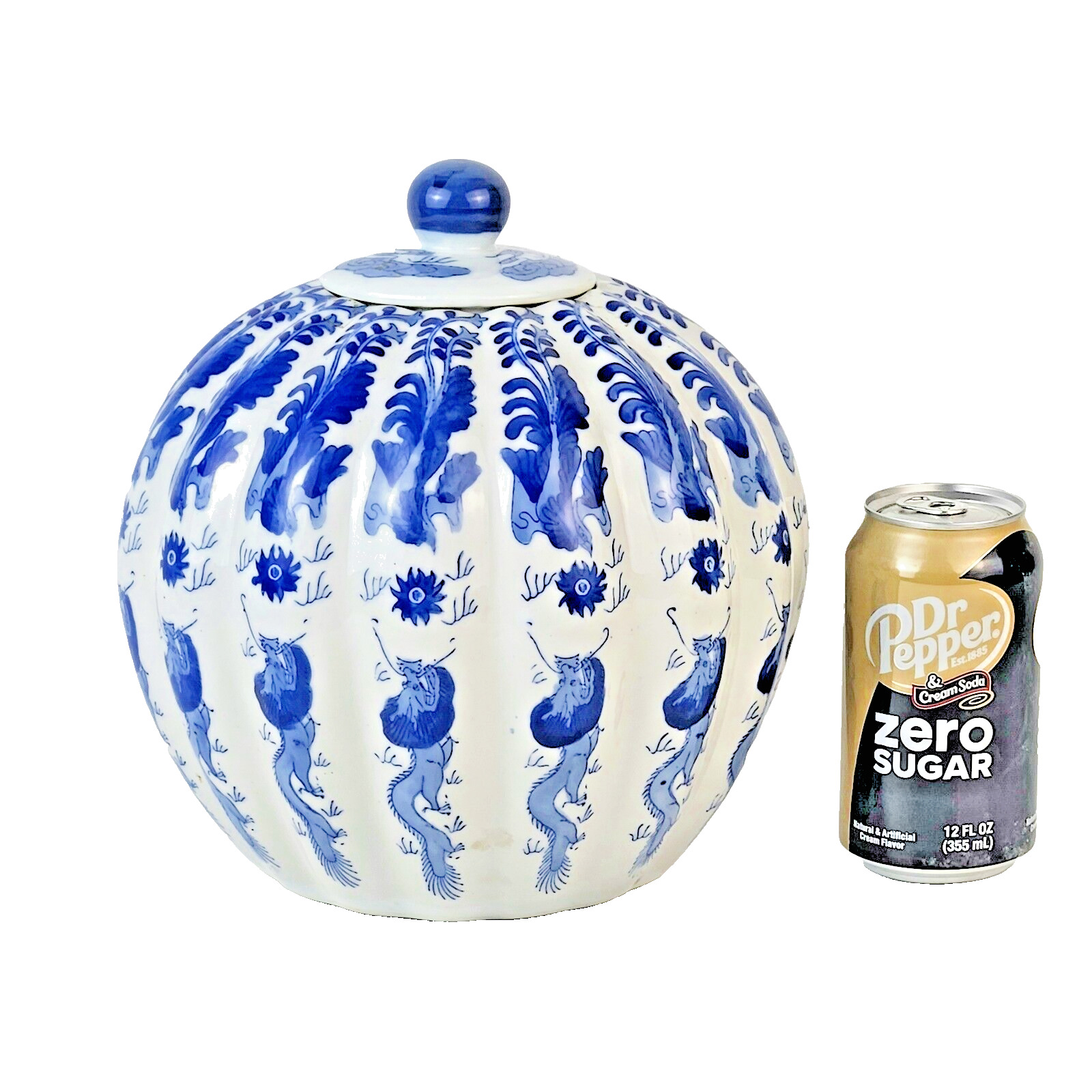 Elegant Blue & White Porcelain Ginger Jar w/ Foo Dog & Floral - Qianlong Mark