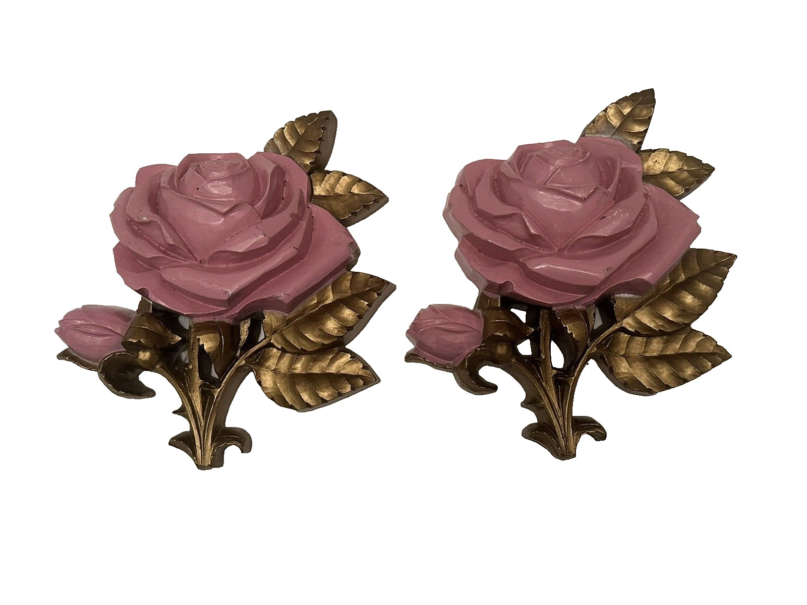 Vintage PAIR HOMCO PINK Rose Wall Plaques Decor KITSCH Plastic *SEE DETAILS*