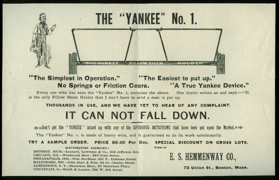 E S Hemmenway Yankee #1 Pillow Sham Holder sales flyer ca 1900 Boston