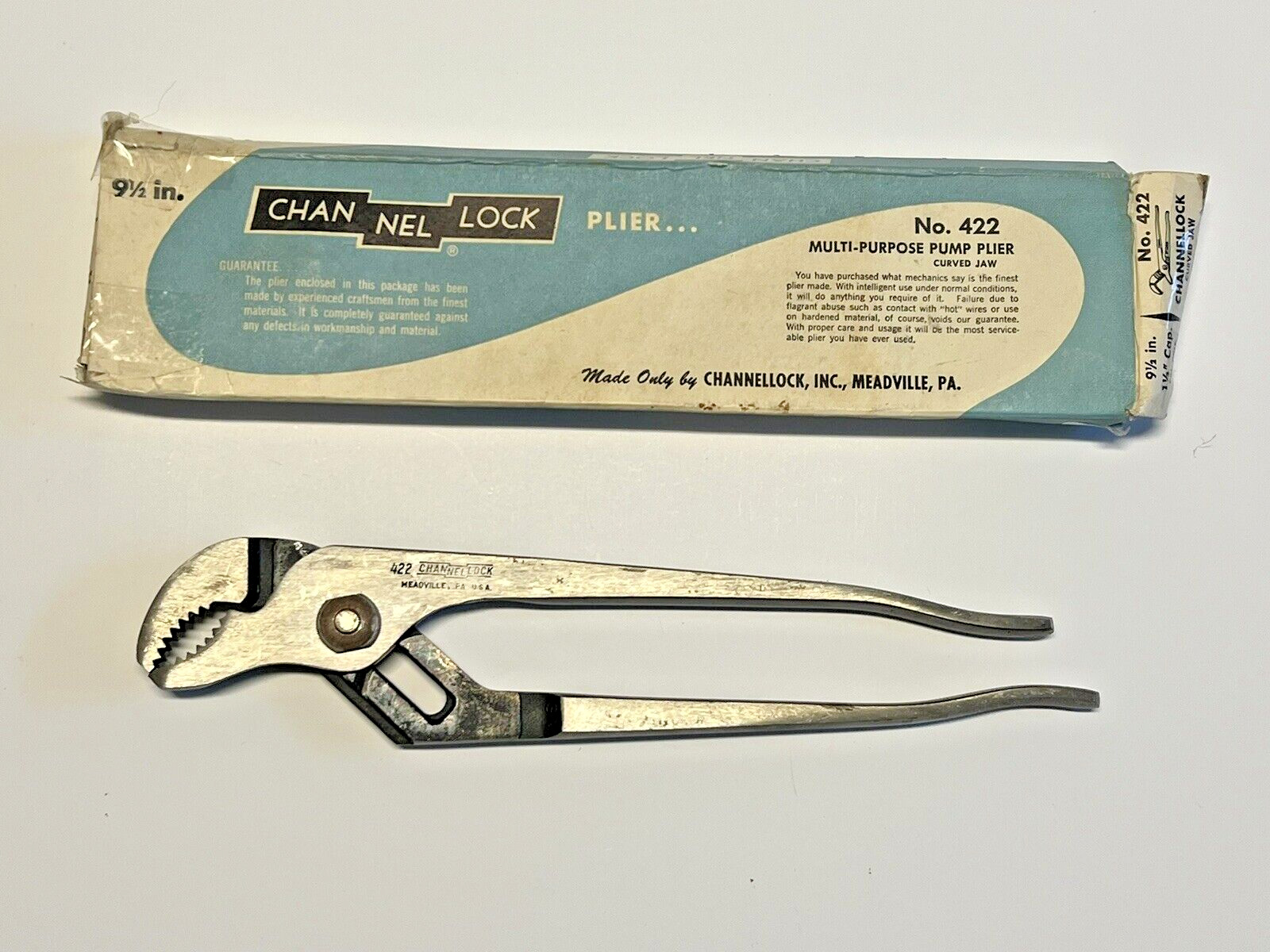 Vintage Channellock Pliers No. 422; Curved Jaw; NOS Unused; 9 1/2 Inch; With BOX