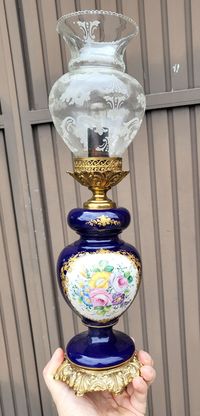 Vintage Sevres style Cobalt porcelain table lamp floral decor