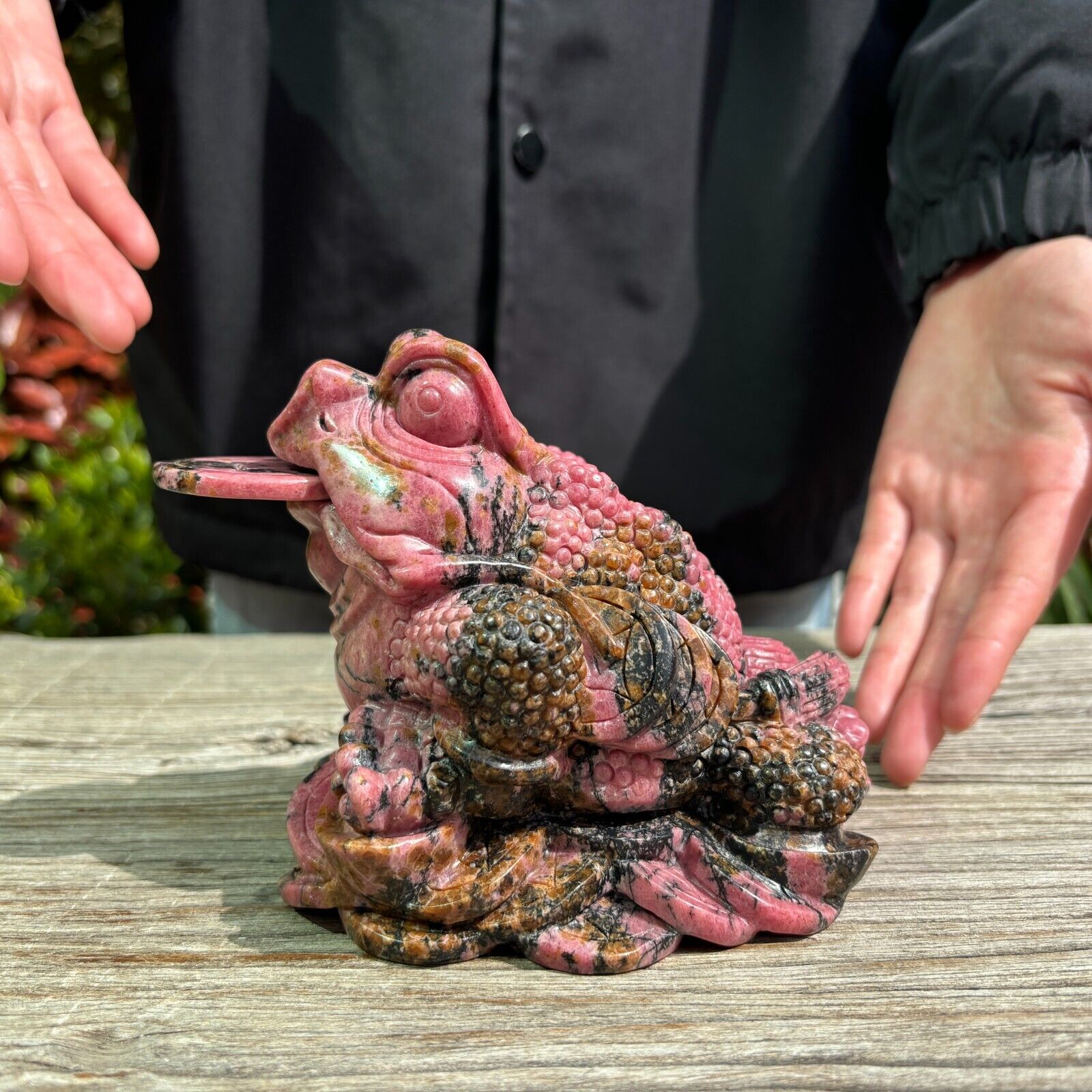 4.7LB4.7''Natural Rhodonite Money Toad Pink Crystal Quartz Carving Healing Reiki